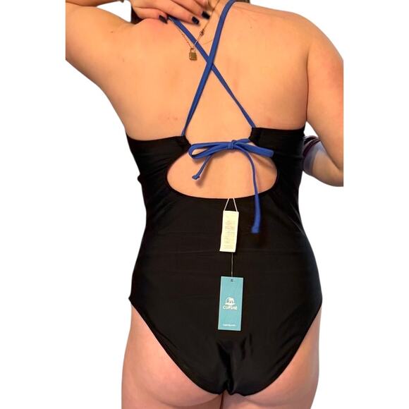 NEW Cupshe SWIMSUIT Women's LG Blue & Black High Neck Cut-Out One Piece Swimsuit - Picture 4 of 11